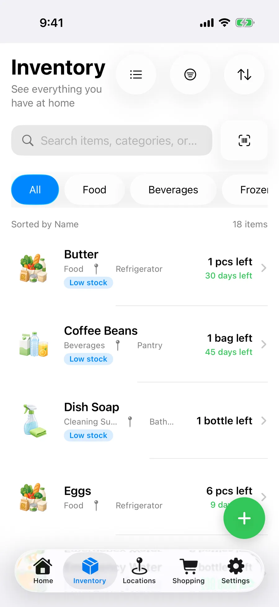 Inventory list screen showing items with photos in a card layout.