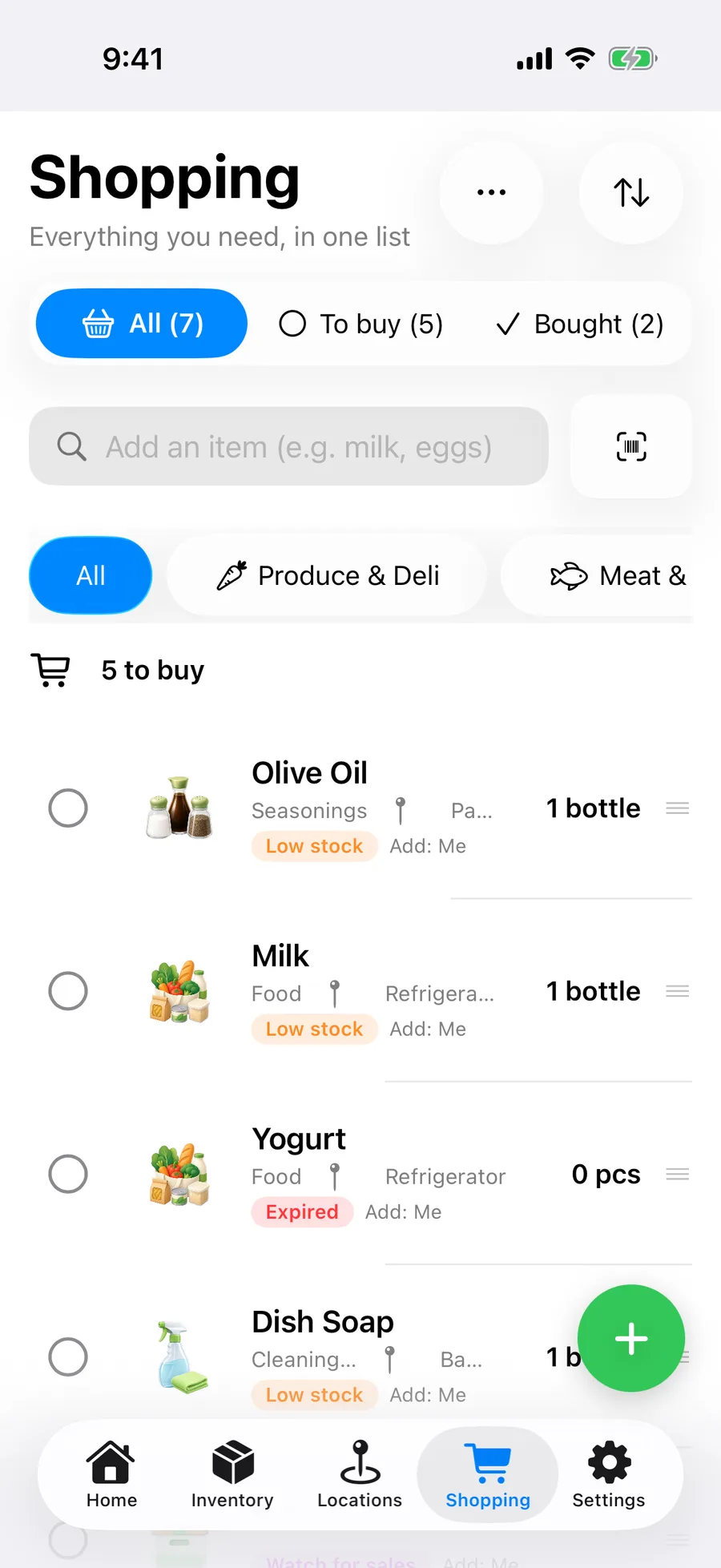 Shopping list screen organized by store department.